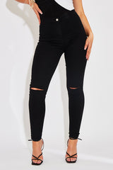 Black Knee Rip Stretch Denim Jeggings - Burnie-Jeans