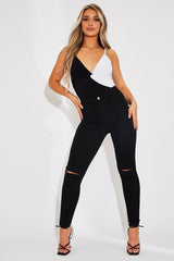 Black Knee Rip Stretch Denim Jeggings - Burnie-Jeans