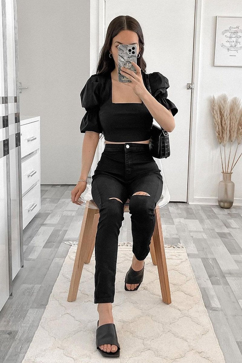 Black Knee Rip Stretch Denim Jeggings - Burnie-Jeans