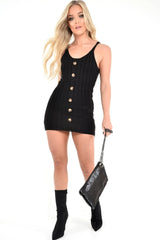 Black Knit Button Front Cami Dress - Devora-Dresses