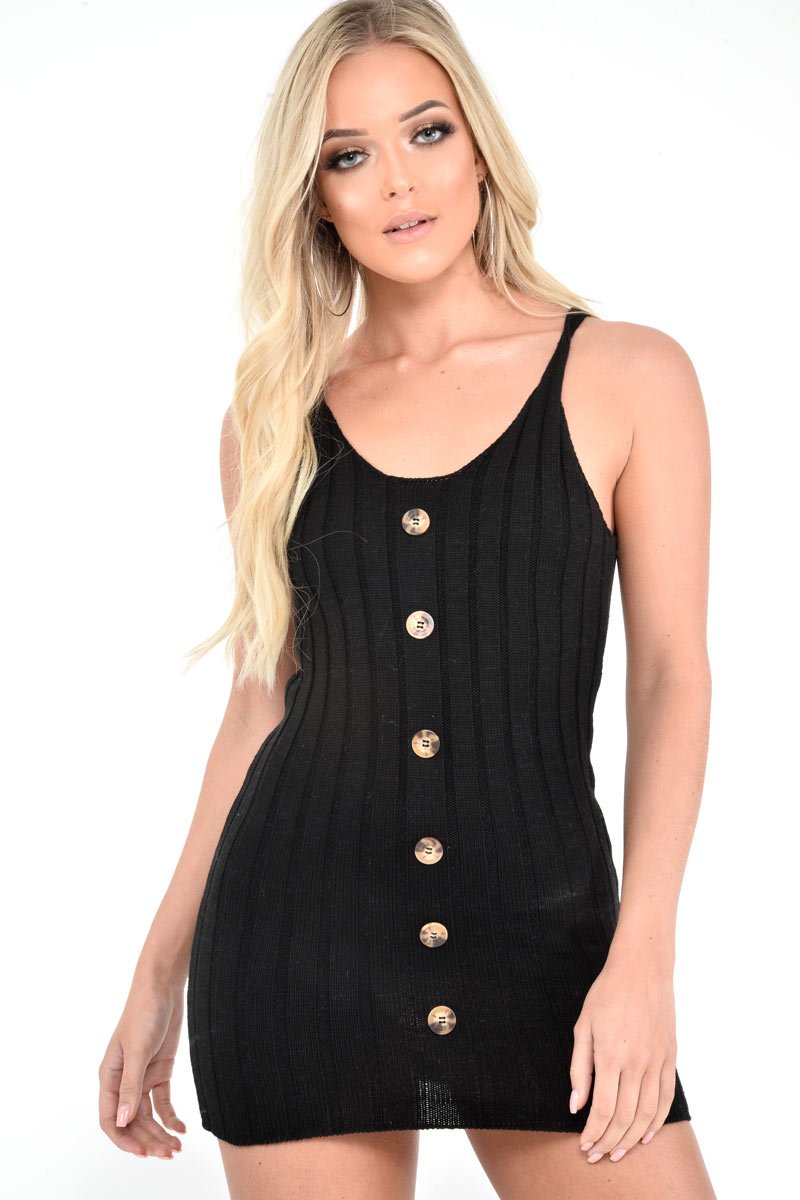 Black Knit Button Front Cami Dress - Devora-Dresses