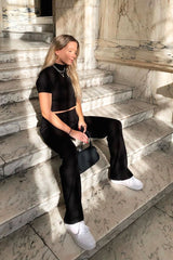 Black Knit High Neck Crop Top and Trouser Co-ord - Helena-Co-ords