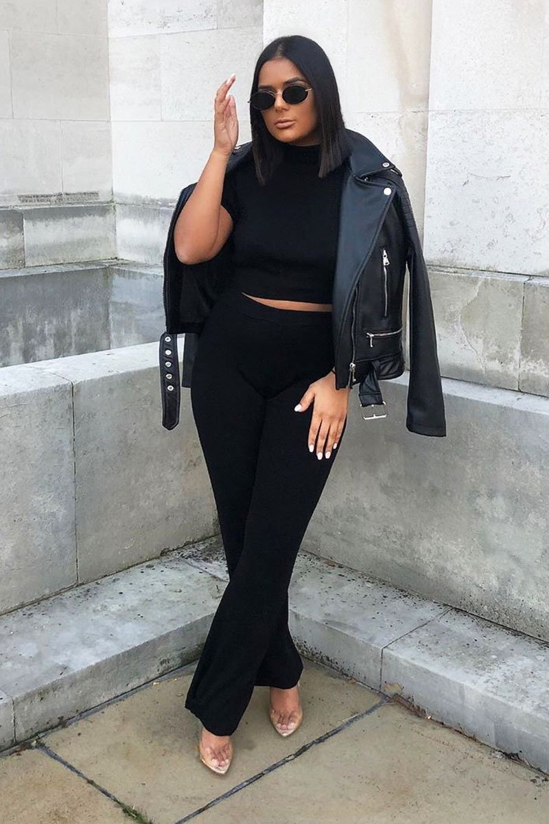 Black Knit High Neck Crop Top and Trouser Co-ord - Helena-Co-ords