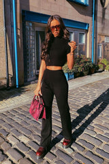 Black Knit High Neck Crop Top and Trouser Co-ord - Helena-Co-ords