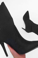 Black Knit Insert Stiletto Sock Boots - Zahara-Shoes