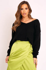Black Knit Plunge Neckline Jumper - Roselie-Jumper