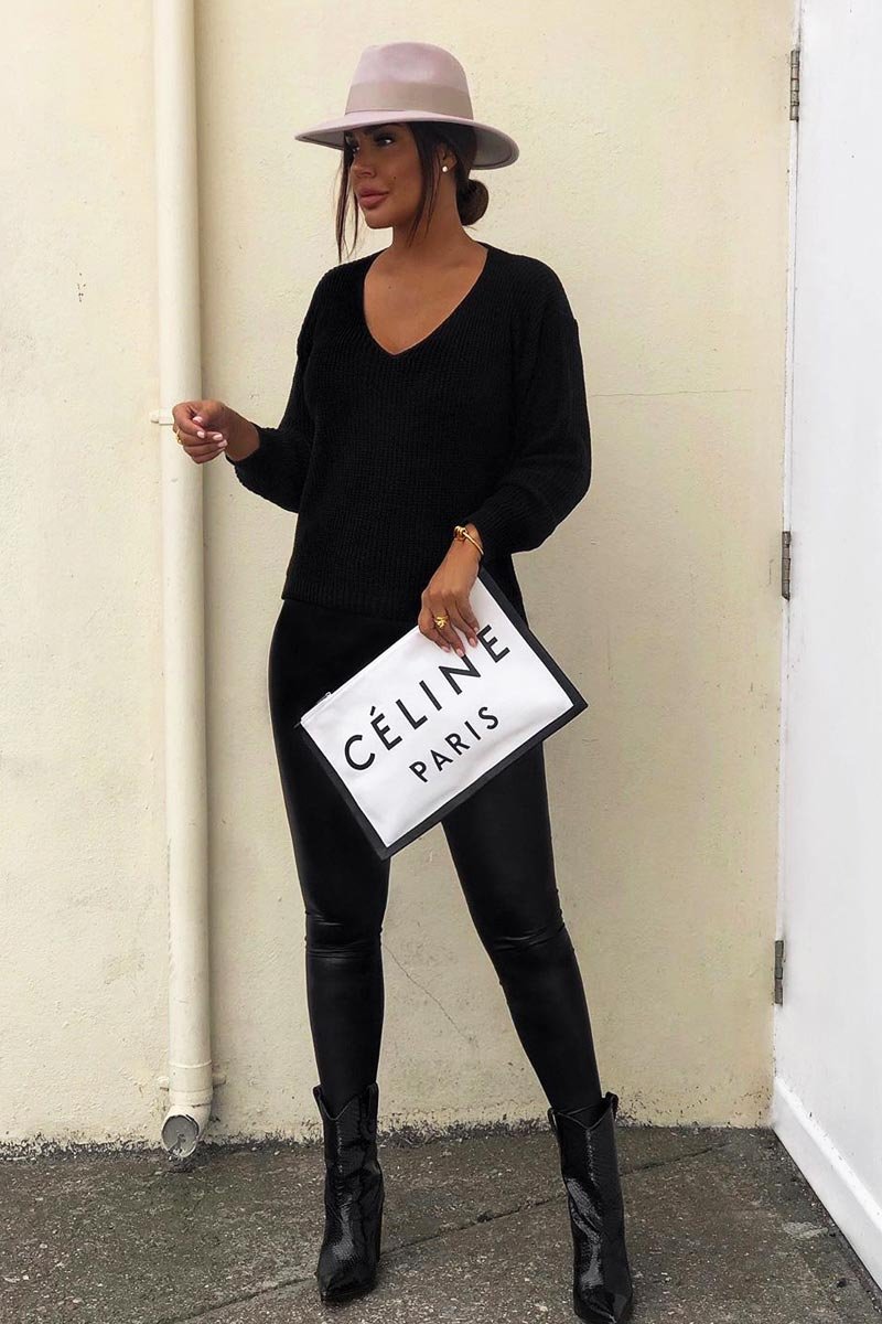 Black Knit Plunge Neckline Jumper - Roselie-Jumper