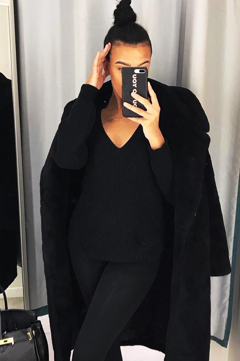 Black Knit Plunge Neckline Jumper - Roselie-Jumper