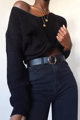 Black Knit Plunge Neckline Jumper - Roselie-Jumper