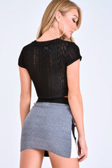 Black Knit Short Sleeve Crop Top - Miamarie-Tops