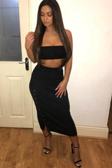 Black Knitted Bandeau And Skirt Co-Ord - Sidra-Co-ords