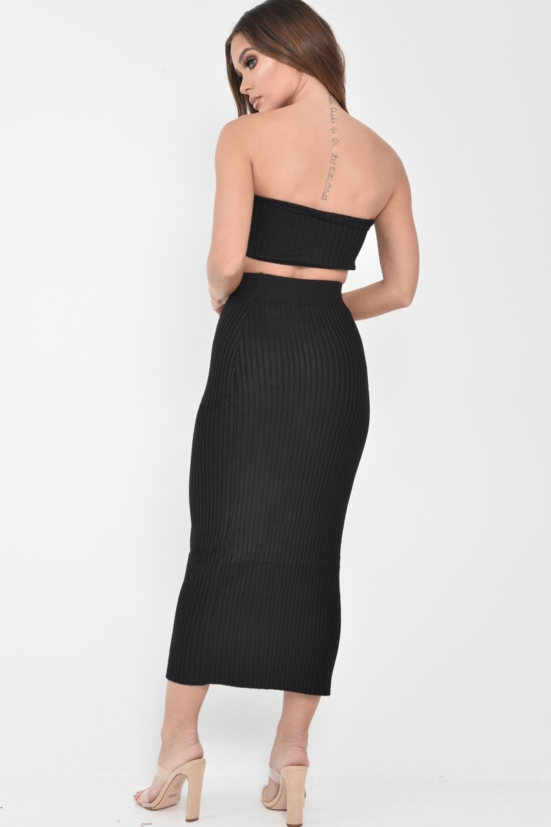 Black Knitted Bandeau And Skirt Co-Ord - Sidra-Co-ords