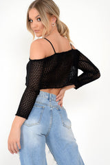 Black Knitted Bardot Crop Top - Inari-Crop Tops