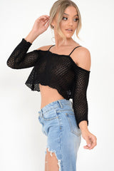 Black Knitted Bardot Crop Top - Inari-Crop Tops