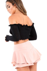 Black Knitted Bardot Frill Crop Top - Kesia-Crop Tops
