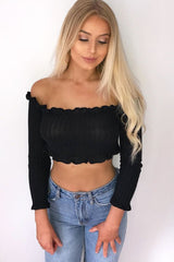 Black Knitted Bardot Frill Crop Top - Kesia-Crop Tops