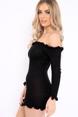 Black Knitted Bardot Frill Dress - Leisha-Dresses