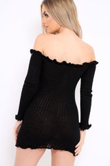 Black Knitted Bardot Frill Dress - Leisha-Dresses