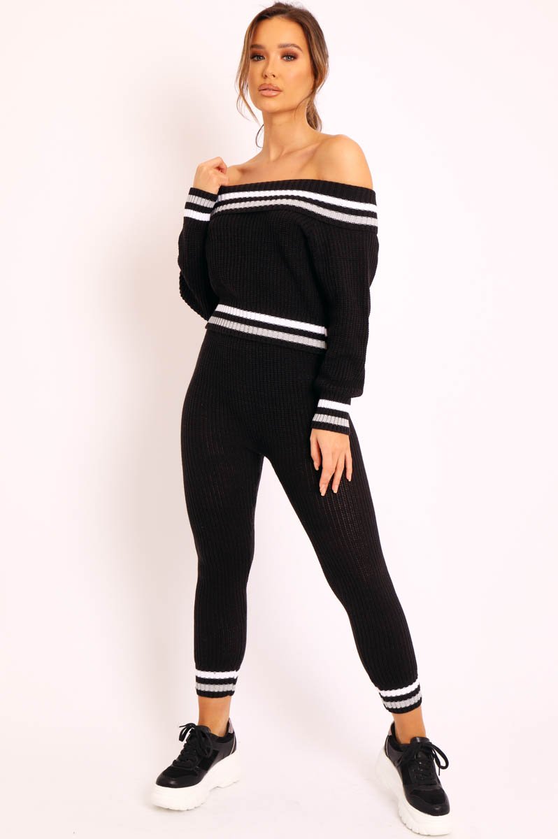 Black Knitted Bardot Jumper Legging Loungewear Co-ord - Neala-Co-ords