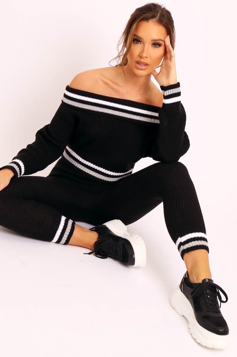 Black Knitted Bardot Jumper Legging Loungewear Co-ord - Neala-Co-ords