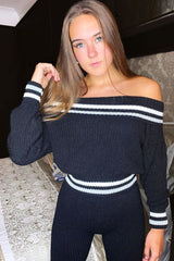 Black Knitted Bardot Jumper Legging Loungewear Co-ord - Neala-Co-ords