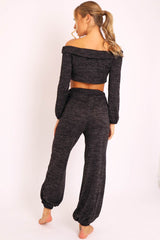 Black Knitted Bardot Top and Oversized Joggers Loungewear Co-ord - Lorel-Co-ords