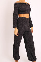 Black Knitted Bardot Top and Oversized Joggers Loungewear Co-ord - Lorel-Co-ords