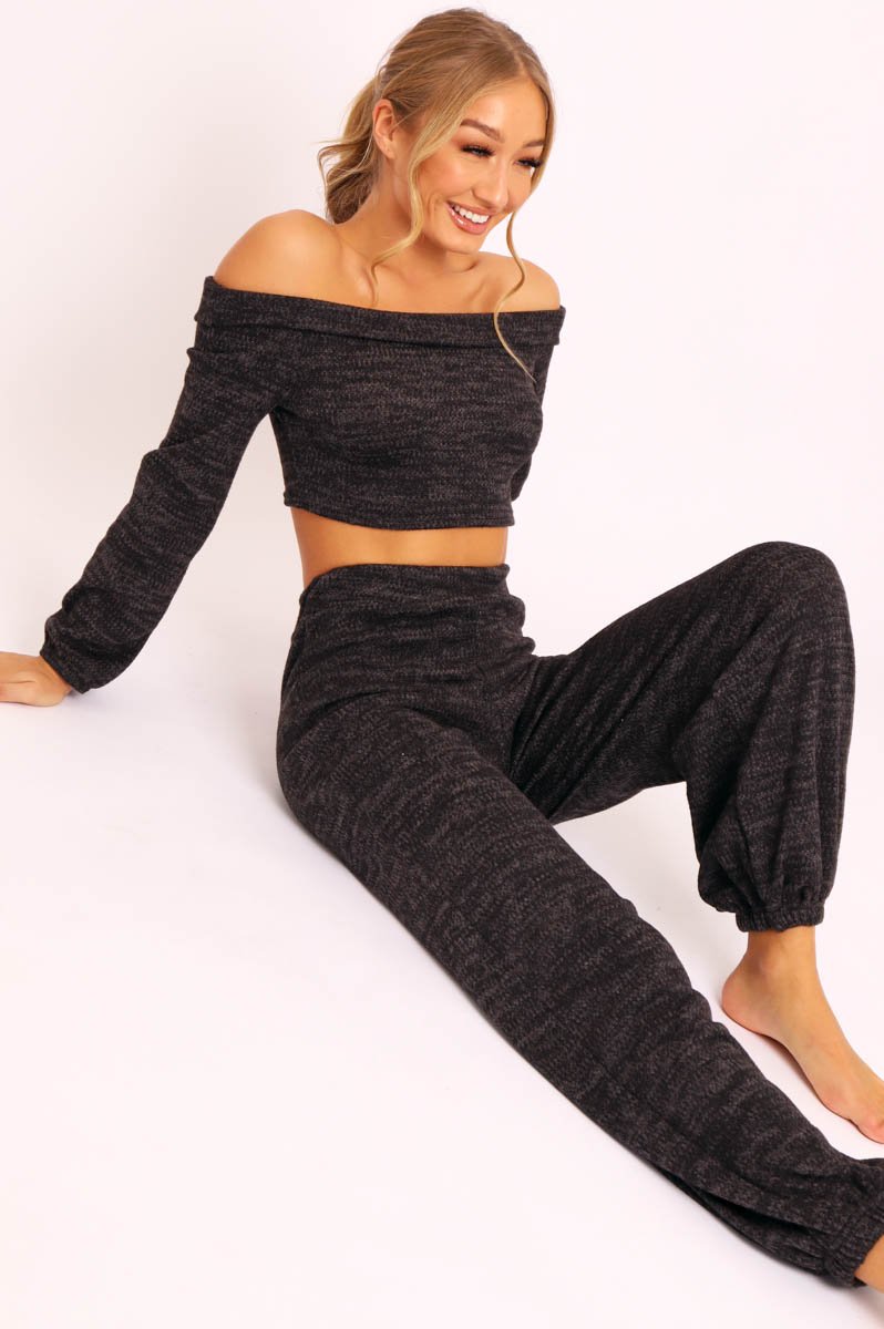 Black Knitted Bardot Top and Oversized Joggers Co-ord Lorel