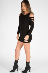 Black Knitted Cold Shoulder Cut Out Jumper Dress - Sienna-Jumper