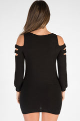 Black Knitted Cold Shoulder Cut Out Jumper Dress - Sienna-Jumper