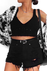 Black Knitted Cross Back Crop Top - Charis-Crop Tops