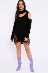 Black Knitted Cut Out Front Cold Shoulder Distressed Jumper Dress - Jamie-Dresses