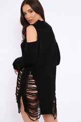 Black Knitted Cut Out Front Cold Shoulder Distressed Jumper Dress - Jamie-Dresses