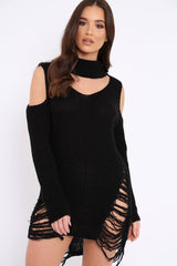 Black Knitted Cut Out Front Cold Shoulder Distressed Jumper Dress - Jamie-Dresses