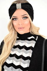 Black Knitted Diamante Detail Headband - Saachi-Hair
