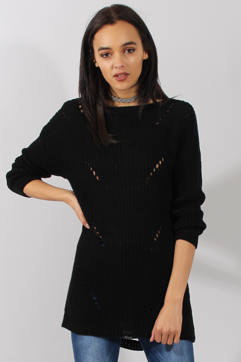 Black Knitted Distressed Back Jumper Dress - Cara-Jumper