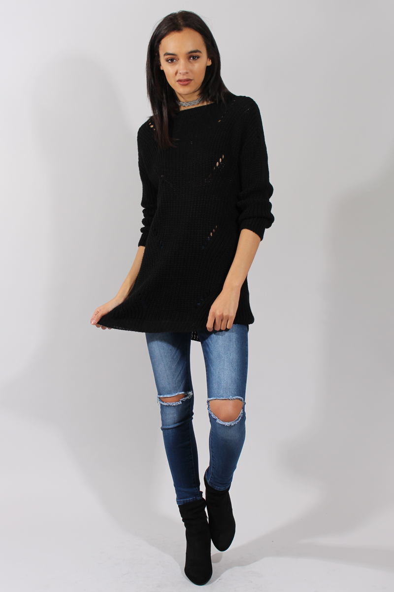 Black Knitted Distressed Back Jumper Dress - Cara-Jumper