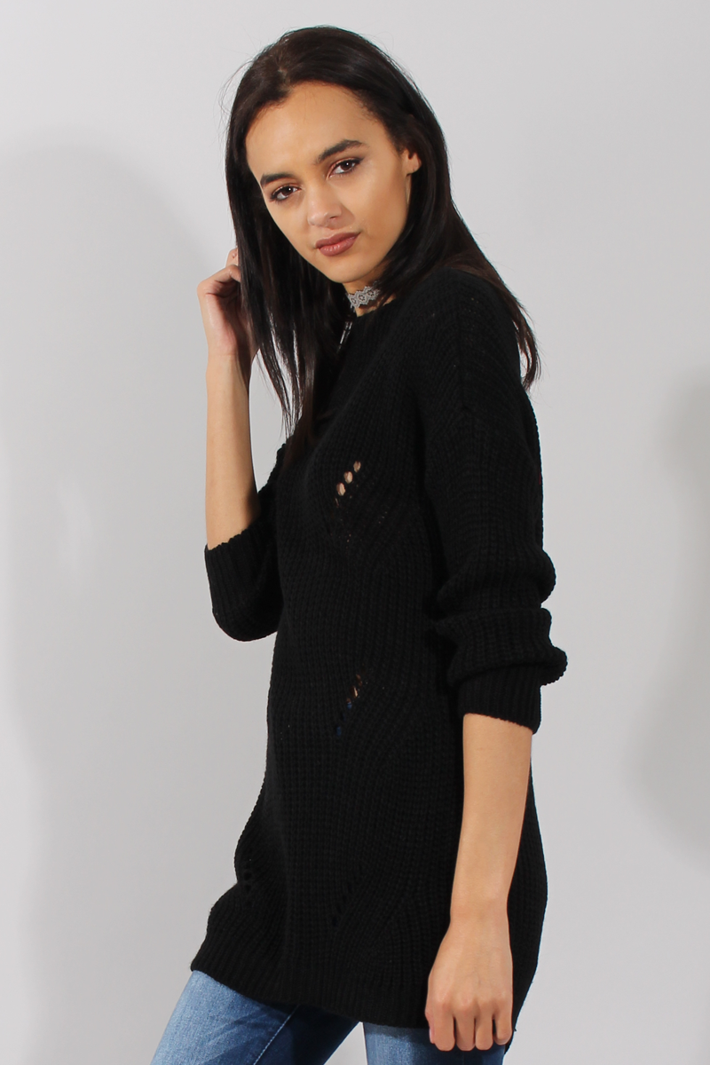 Black Knitted Distressed Back Jumper Dress - Cara-Jumper
