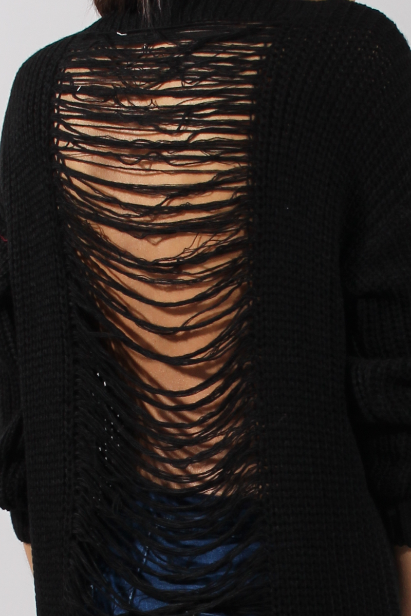 Black Knitted Distressed Back Jumper Dress - Cara-Jumper
