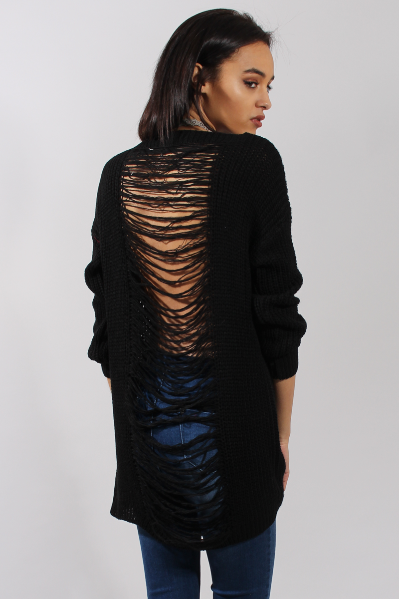 Black Knitted Distressed Back Jumper Dress - Cara-Jumper