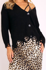 Black Knitted Distressed Button Front Cardigan - Trudie-Cardigans