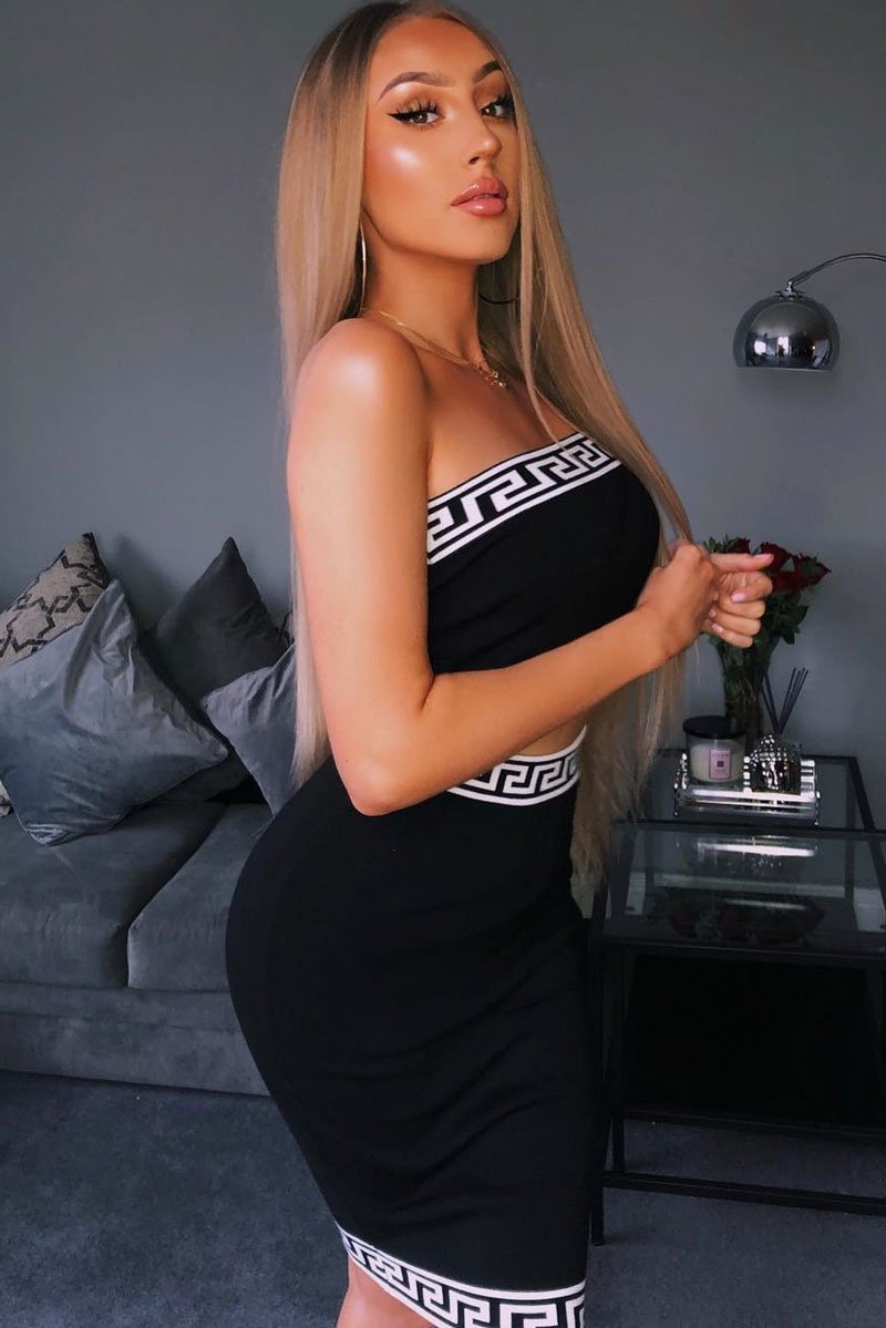 Black Knitted Greek Trim Bandeau Skirt Co-Ord - Caeli-Co-ords