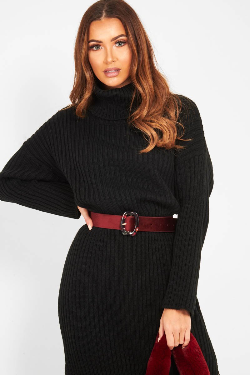 Black Knitted Roll Neck Jumper Dress - Cecily-Dresses