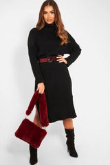 Black Knitted Roll Neck Jumper Dress - Cecily-Dresses