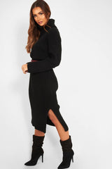 Black Knitted Roll Neck Jumper Dress - Cecily-Dresses