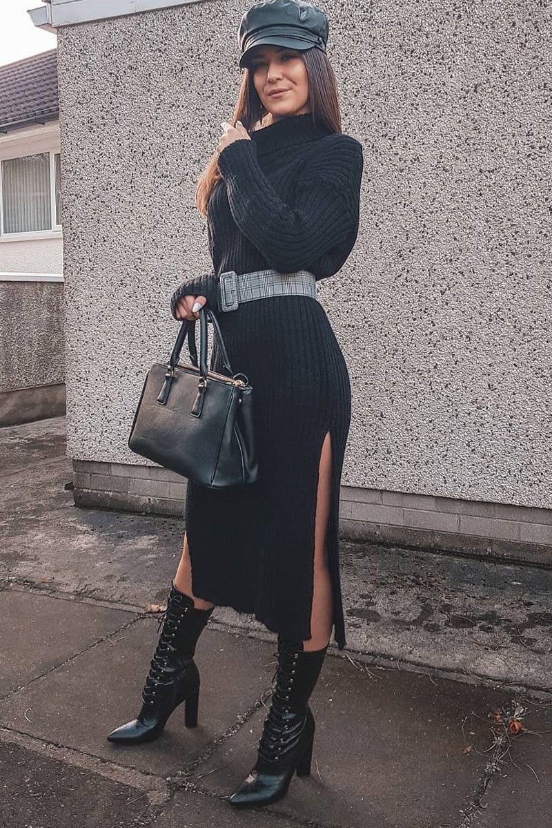 Black Knitted Roll Neck Jumper Dress - Cecily-Dresses