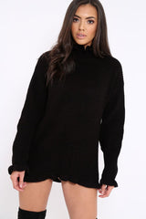 Black Knitted Ruffle Jumper Dress with Elasticated hems - Velma-Dresses