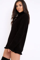 Black Knitted Ruffle Jumper Dress with Elasticated hems - Velma-Dresses