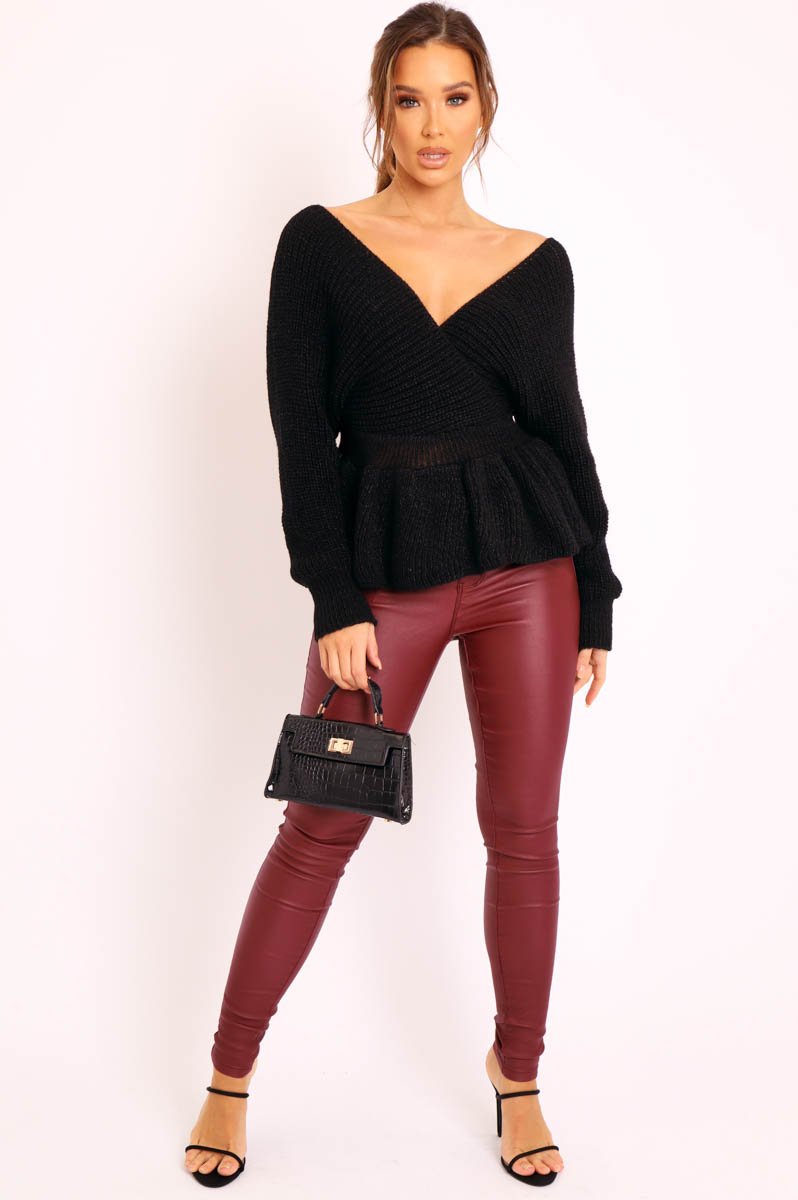 Black Knitted Wrap Front Plunge Peplum Jumper - Samara-Knitwear