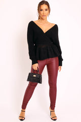 Black Knitted Wrap Front Plunge Peplum Jumper - Samara-Knitwear
